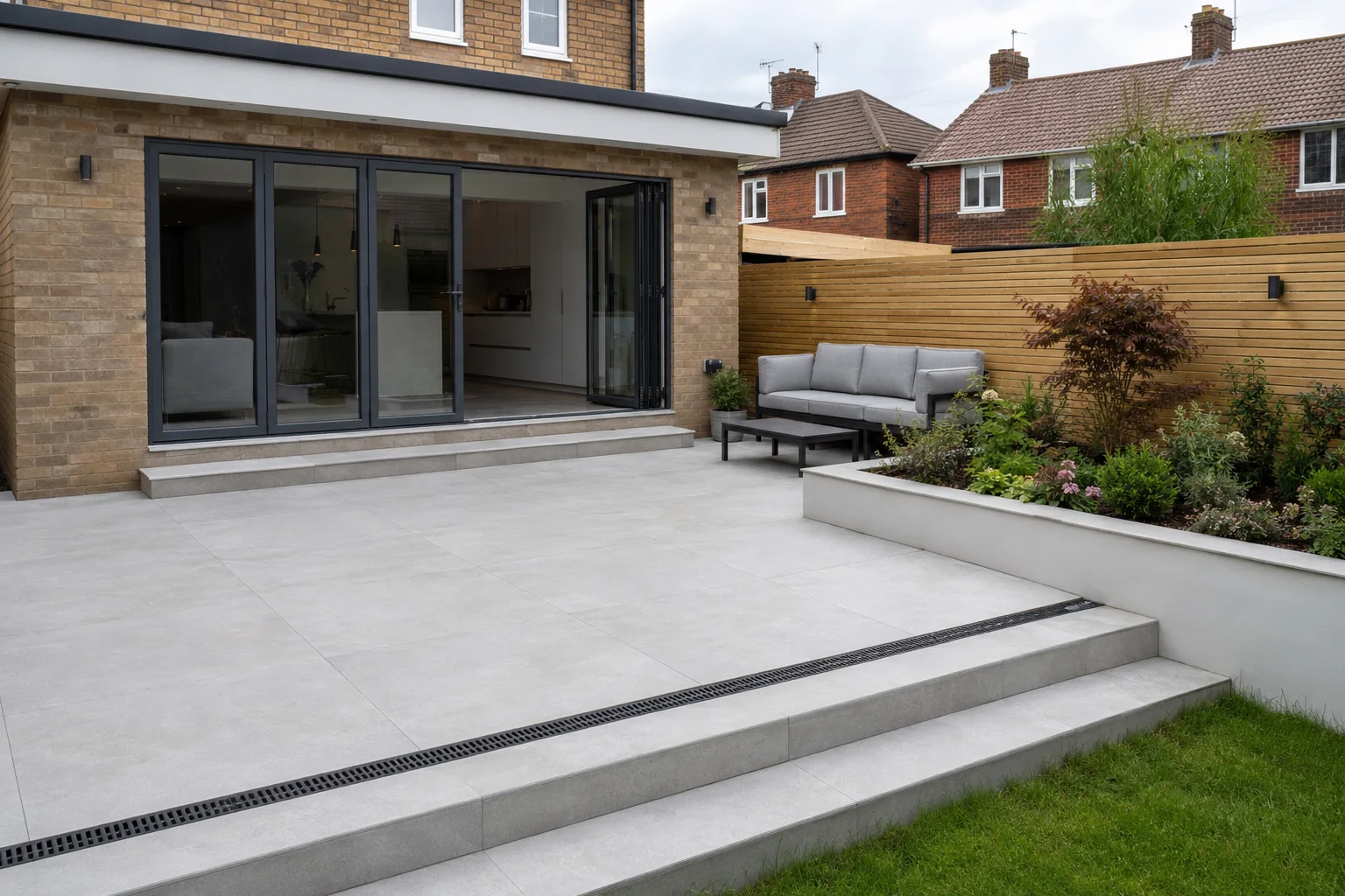 Light grey porcelain patio with wide steps and contemporary planting in a Newcastle garden