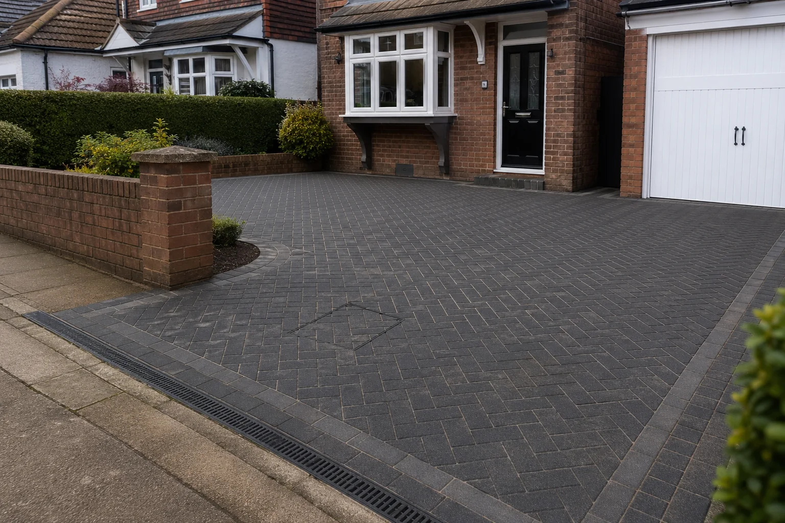 Charcoal block paving driveway in herringbone pattern outside a Newcastle house