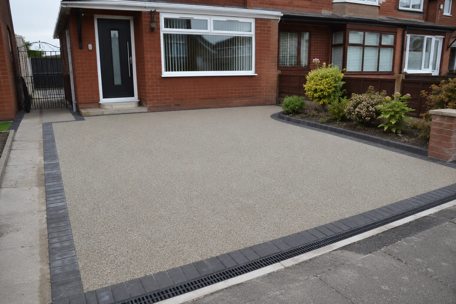 Resin bound driveway installed outside a brick home in Newcastle with charcoal edging blocks